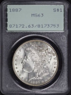 Obverse of this 1887 Morgan Dollar PCGS MS-63 Old Green Rattler Holder