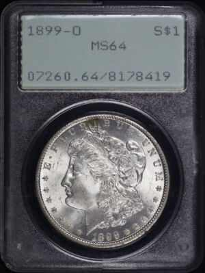 Obverse of this 1899-O Morgan Dollar PCGS MS-64 Old Green Rattler Holder