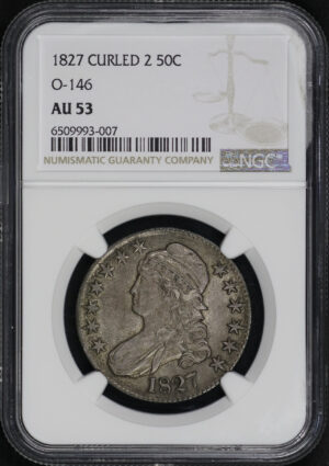 Obverse of this 1827 Capped Bust Half Dollar Curled 2 O-146 NGC AU-53