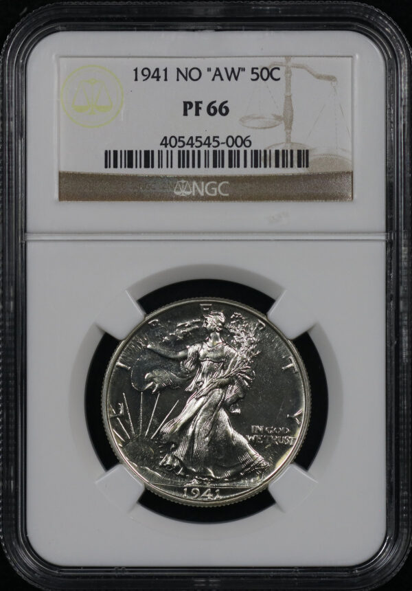 Obverse of this 1941 No “”aw”” Walking Liberty Half Dollar NGC PF-66