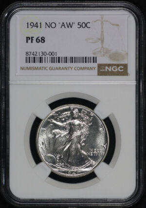 Obverse of this 1941 No “AW” Walking Liberty Half Dollar NGC PF-68