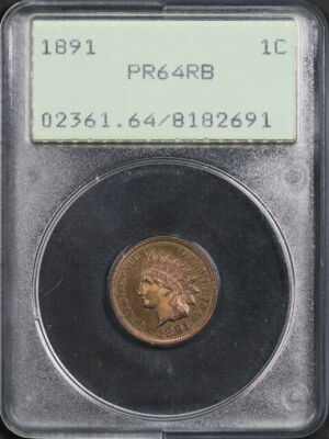 Obverse of this 1891 Indian Cent PCGS PR-64 RB Old Green Rattler Holder