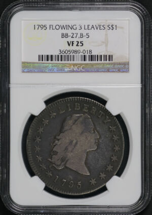 Obverse of this 1795 Flowing Hair Dollar 3 Leaves BB-27,B-5 NGC VF-25
