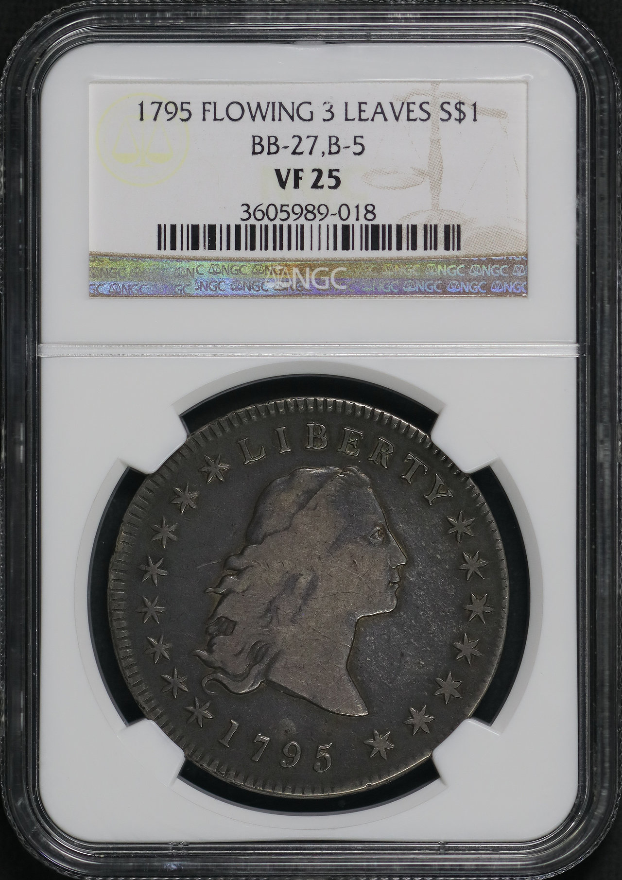 Obverse of this 1795 Flowing Hair Dollar 3 Leaves BB-27,B-5 NGC VF-25