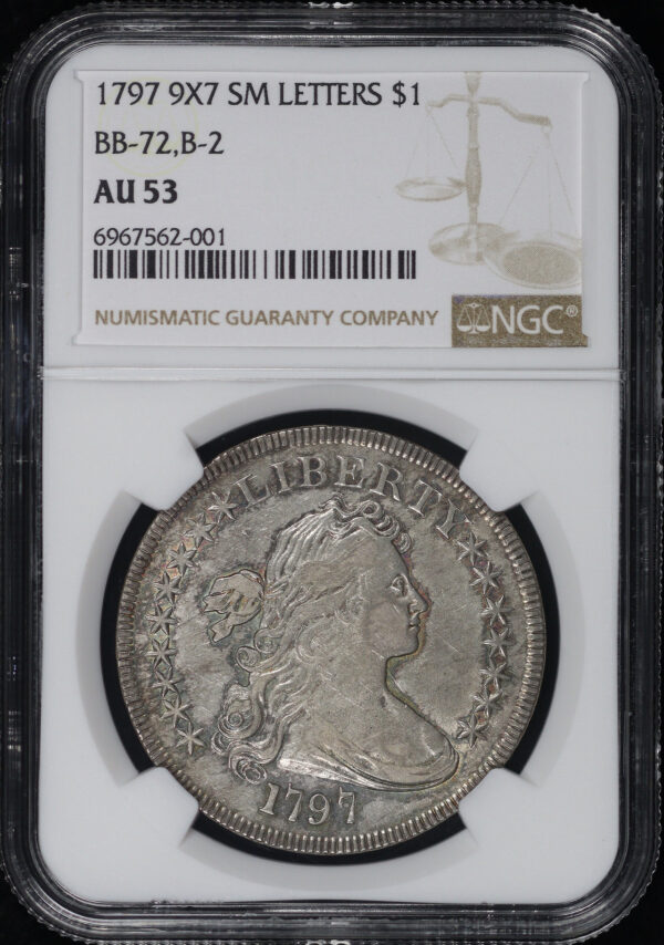 Obverse of this 1797 9×7 Small Letters Draped Bust Dollar BB-72, B-2 NGC AU-53