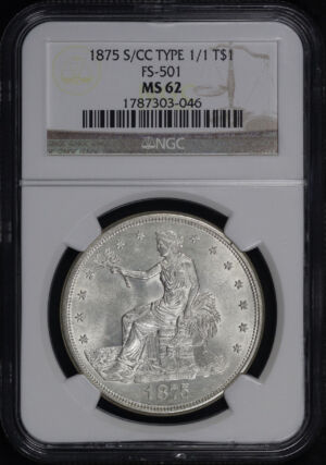 Obverse of this 1875-S/CC Trade Dollar Type 1 1/1 FS-501 NGC MS-62  