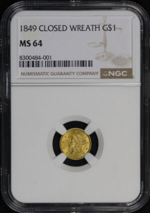 Obverse of this 1849 Gold Dollar Type 1 Closed Wreath NGC MS-64