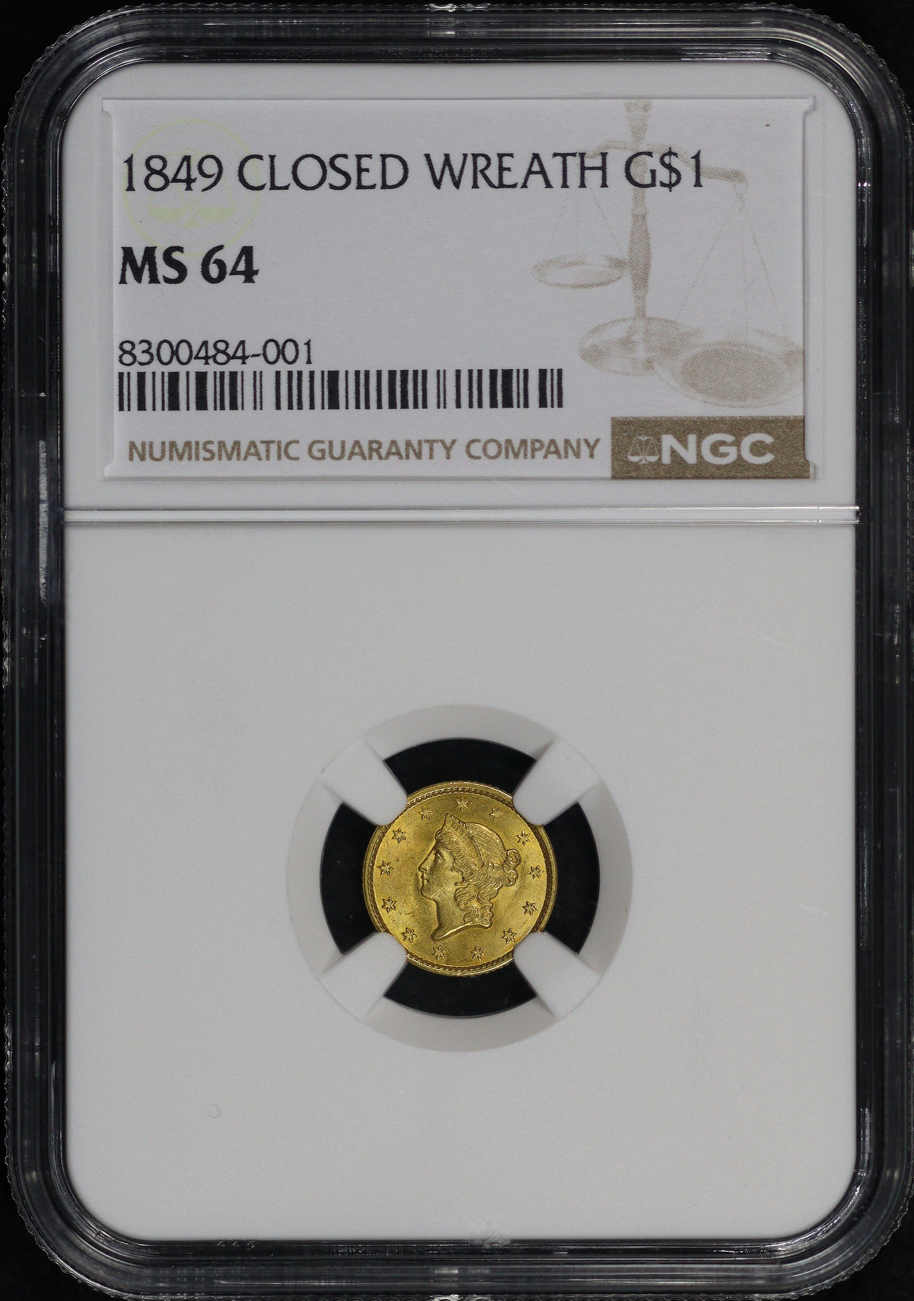 Obverse of this 1849 Gold Dollar Type 1 Closed Wreath NGC MS-64
