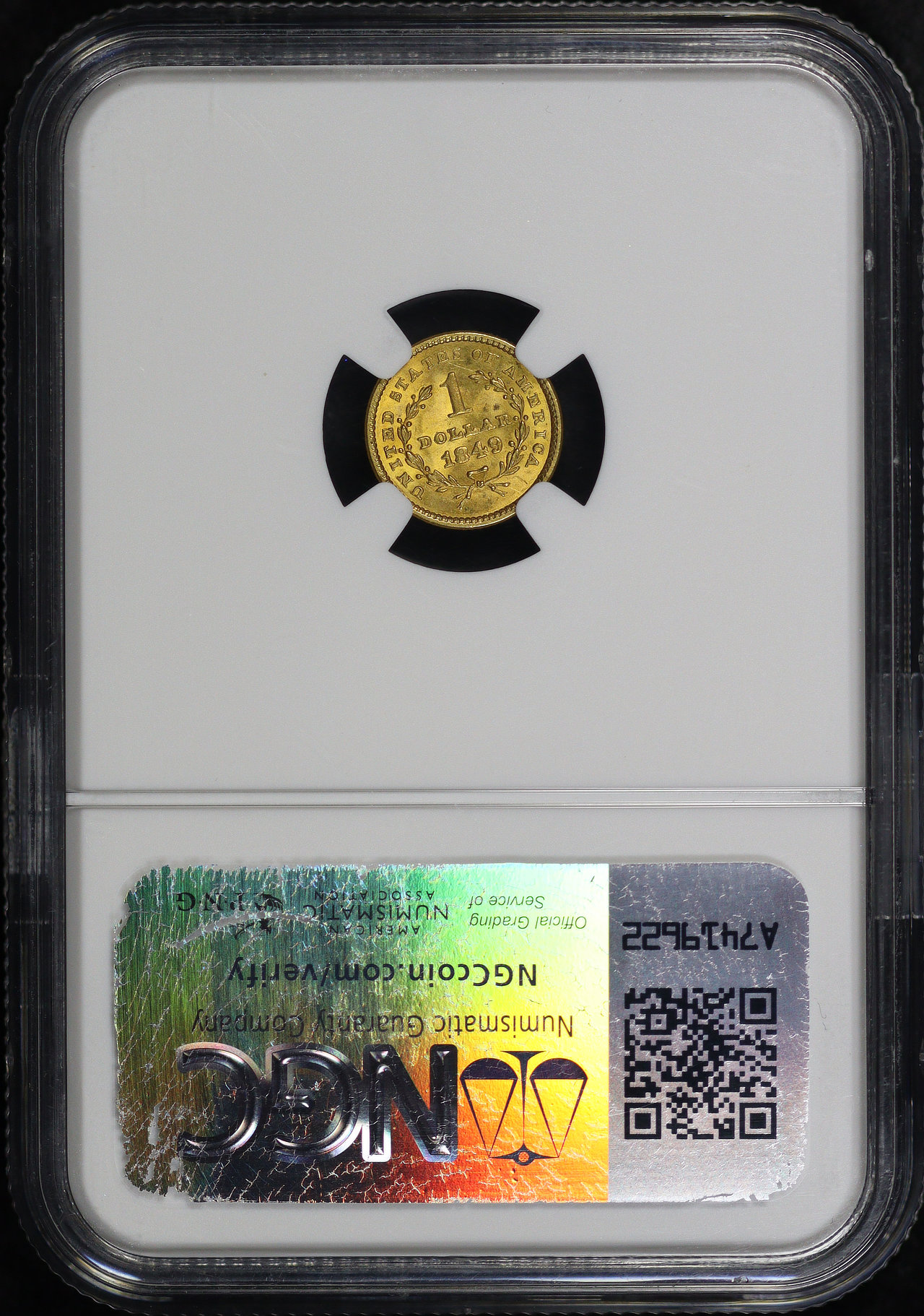 Reverse of this 1849 Gold Dollar Type 1 Closed Wreath NGC MS-64