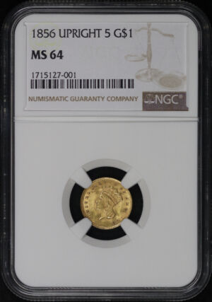Obverse of this 1856 Upright 5 Type 3 Gold Dollar NGC MS-64