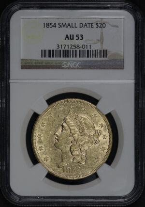 Obverse of this 1854 Small Date Liberty Head $20 Type 1 NGC AU-53