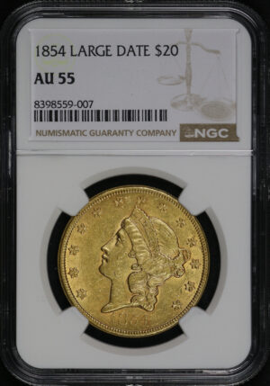 Obverse of this 1854 Large Date Liberty Head $20 Type 1 NGC AU-55