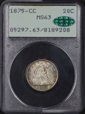 Obverse of this 1875-CC Twenty Cent PCGS MS-63 CAC Old Green Rattler 
