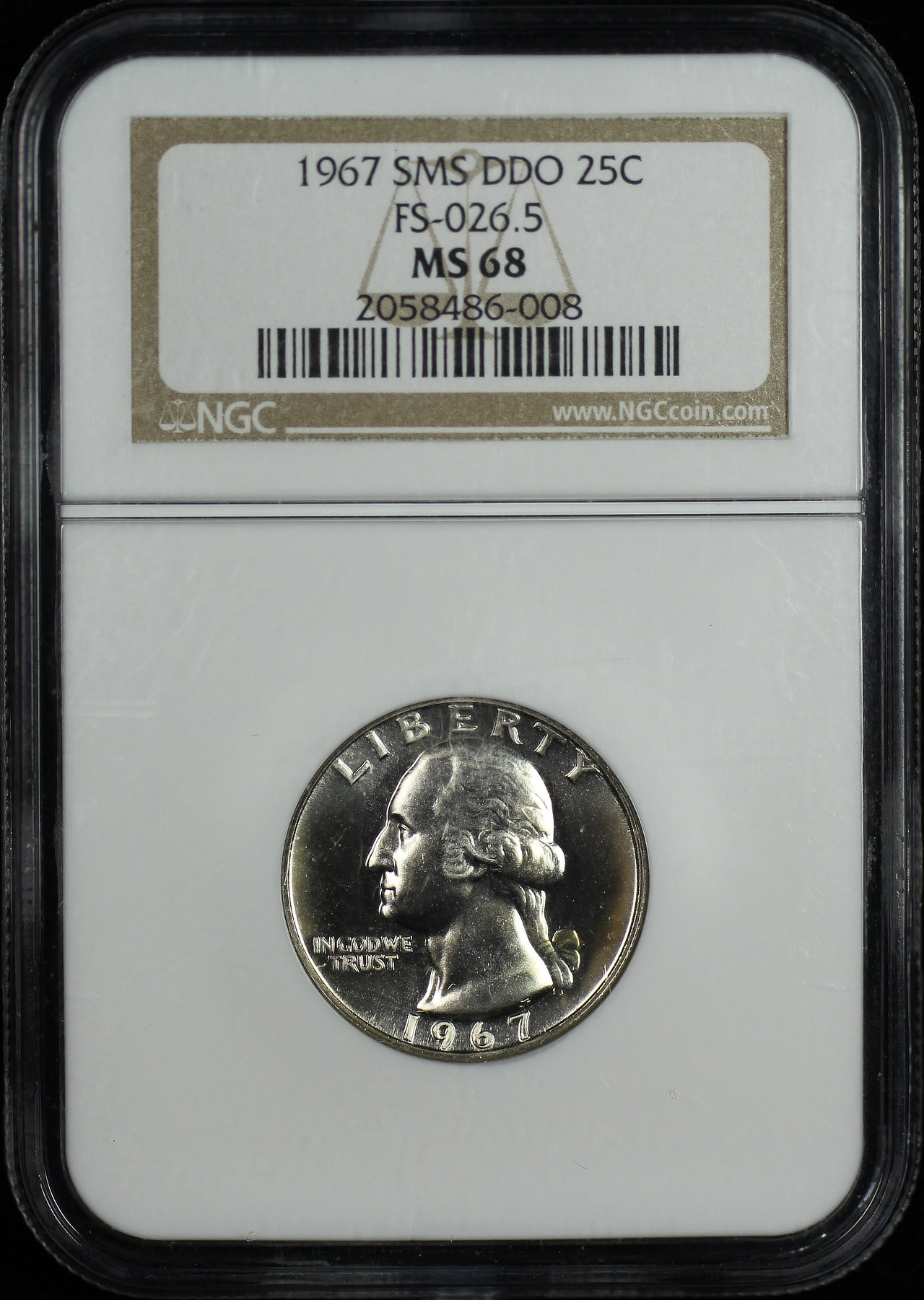 Obverse of this 1967 SMS Washington Quarter Doubled Die Obverse FS-101 NGC MS-68