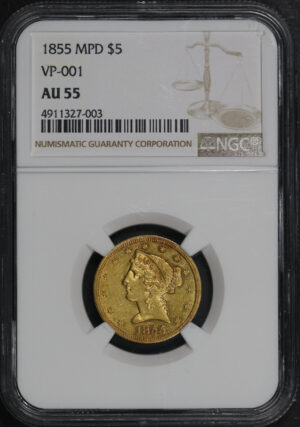 Obverse of this 1855 MPD Liberty Head $5 VP-001 NGC AU-55
