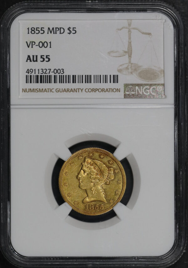 Obverse of this 1855 MPD Liberty Head $5 VP-001 NGC AU-55