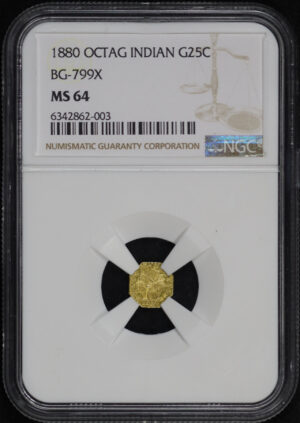 Obverse of this 1880 G25C BG-799X Octagonal Indian California Fractional Gold NGC MS-64