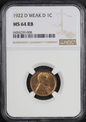 Obverse of this 1922-D Weak D Lincoln Cent Wheat Reverse NGC MS-64 RB