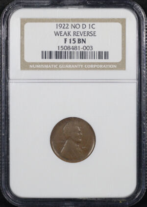 Obverse of this 1922-D No D Lincoln Cent Wheat Reverse NGC F-15 BN Weak Reverse
