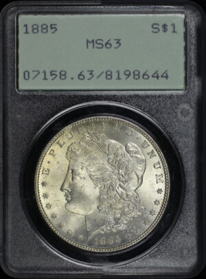 Obverse of this 1885 Morgan Dollar PCGS MS-63 Old Green Rattler Holder