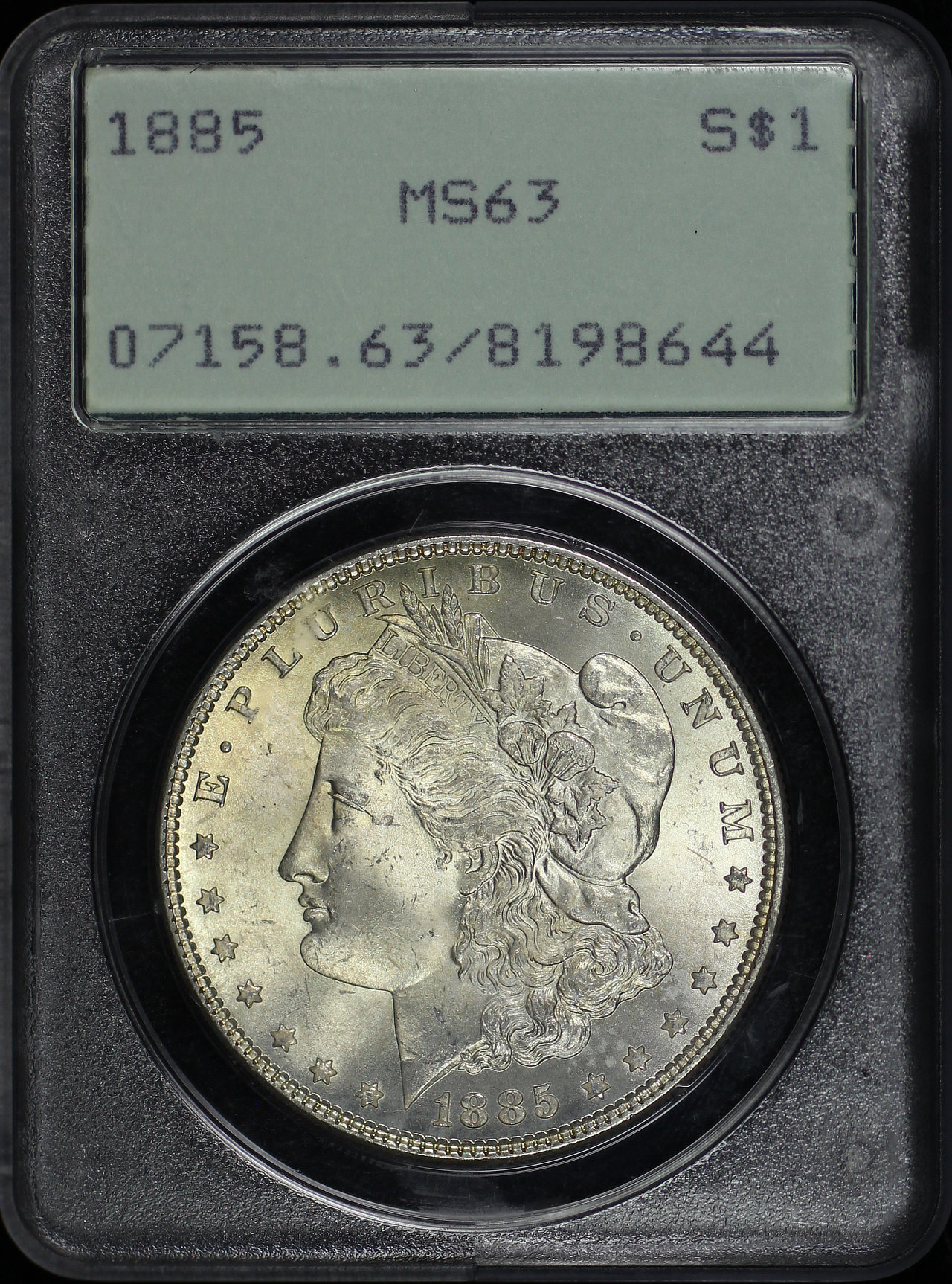 Obverse of this 1885 Morgan Dollar PCGS MS-63 Old Green Rattler Holder