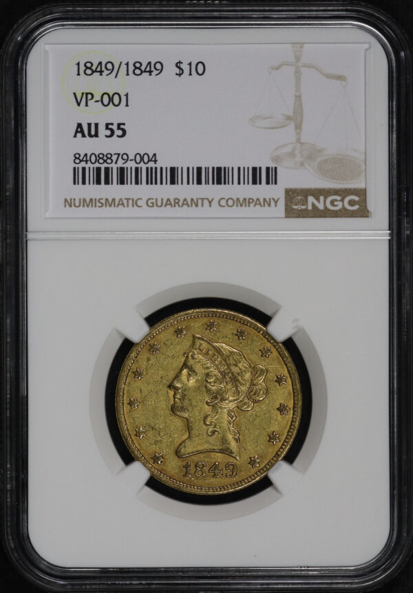 Obverse of this 1849/1849 Liberty Head $10 NGC AU-55