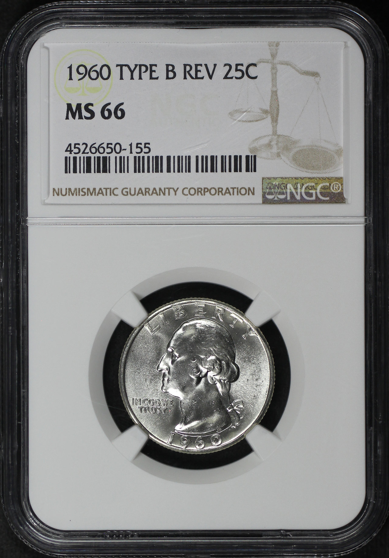 Obverse of this 1960 Washington Quarter Type B Reverse NGC MS-66
