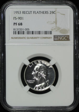 Obverse of this 1953 Washington Quarter Recut Feathers FS-901 NGC PF-68