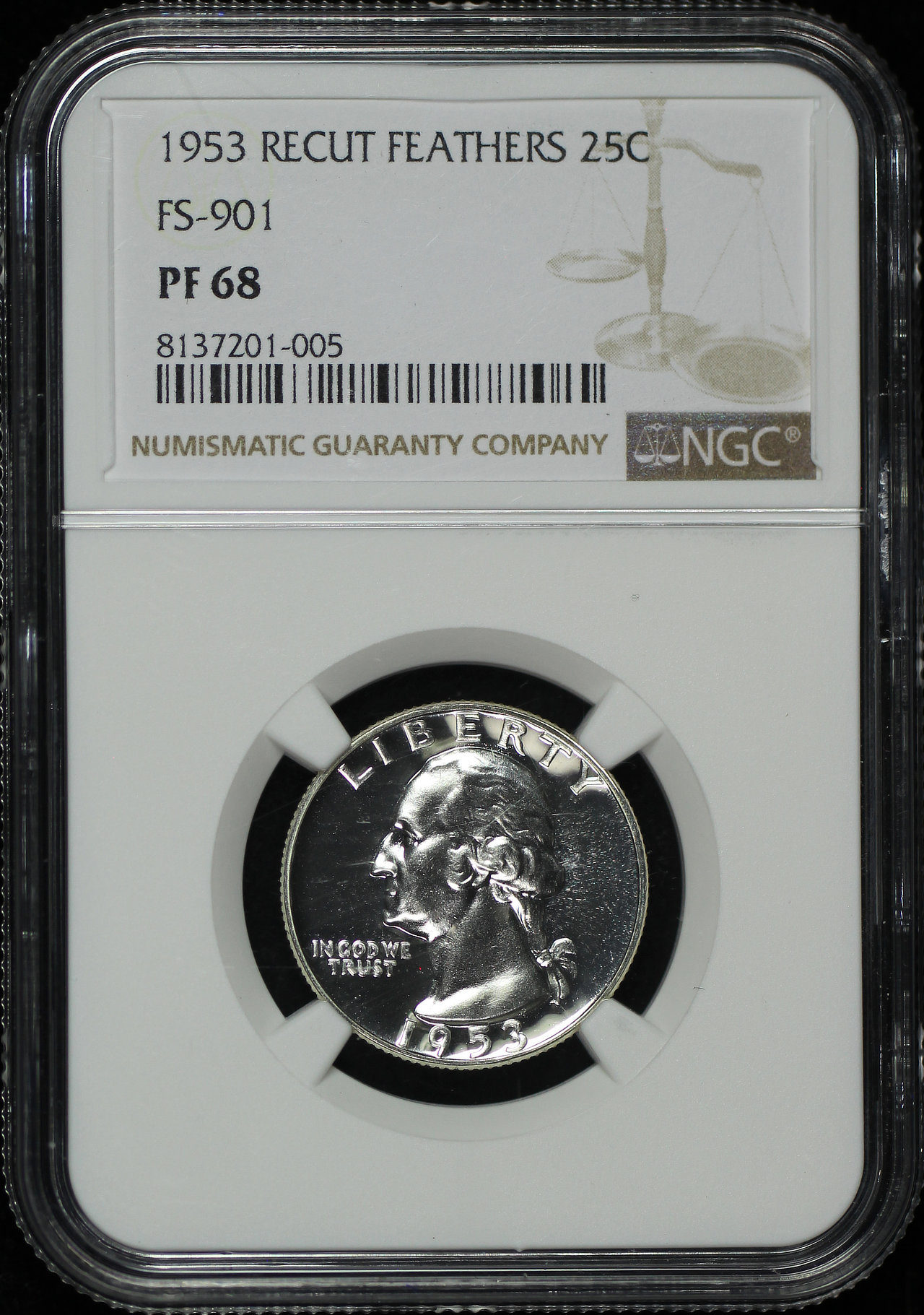 Obverse of this 1953 Washington Quarter Recut Feathers FS-901 NGC PF-68