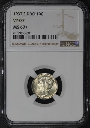 Obverse of this 1937-S DDO Mercury Dime VP-001 NGC MS-67+