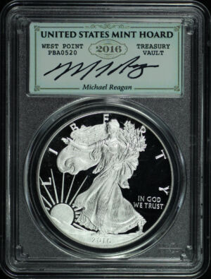Obverse of this 2016-W (2020) Silver Eagle 30th Anniversary Lettered Edge PCGS PR-70 DCAM West Point Hoard  Reagan Legacy Series