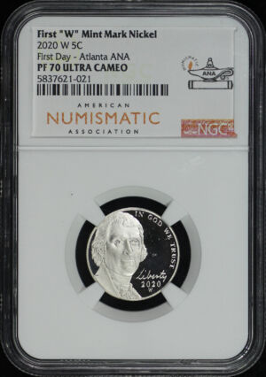 Obverse of this 2020-W Jefferson Nickel NGC PF-70 Ultra Cameo First Day-Atlanta ANA First “W” Mint Mark Nickel