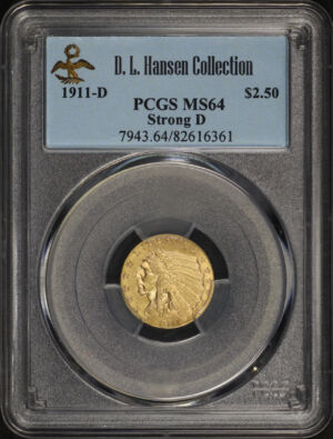 Obverse of this 1911-D Strong D Indian $2.5 PCGS MS-64 D.L. Hansen Collection