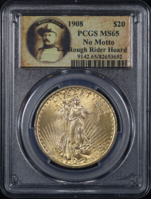 Obverse of this 1908 St. Gaudens $20 No Motto PCGS MS-65 Rough Rider Hoard
