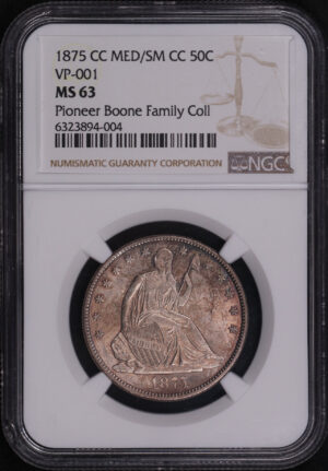Obverse of this 1875-CC MED/SM Liberty Seated Half Dollar NGC MS-63 Pioneer Boone Family Coll