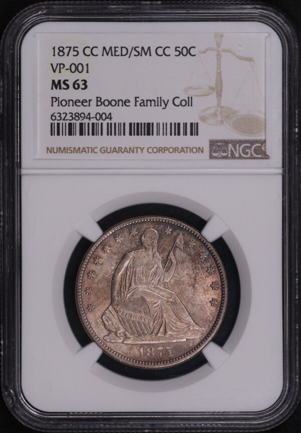 Obverse of this 1875-CC MED/SM Liberty Seated Half Dollar NGC MS-63 Pioneer Boone Family Coll