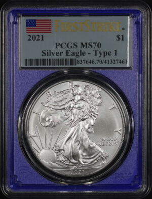 Obverse of this 2021 Silver Eagle Type 1 PCGS MS-70 Blue Core First Strike