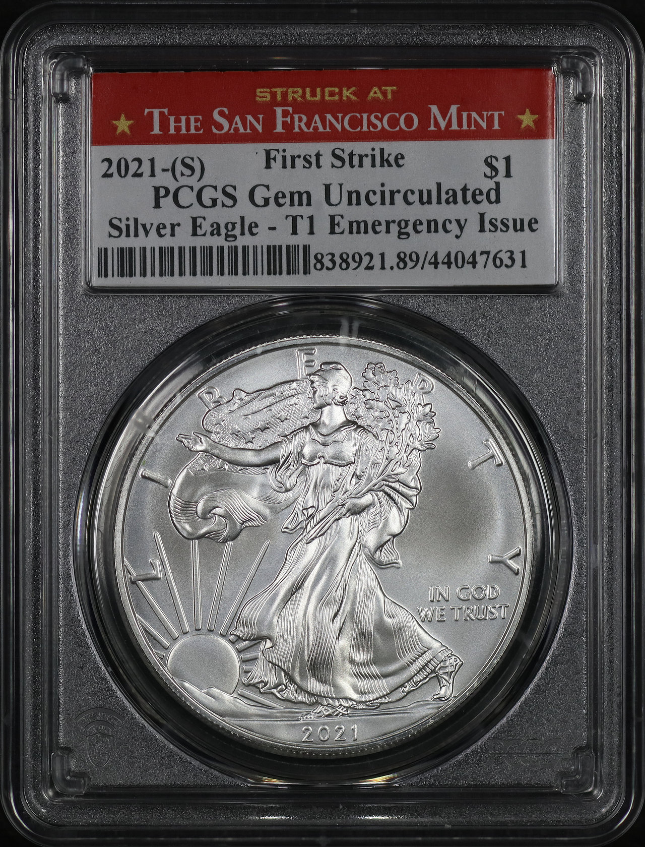 Obverse of this 2021-(S) Silver Eagle Type 1 PCGS Gem Uncirculated First Strike T-1 Emergency Issue