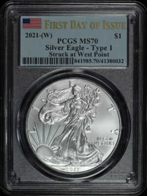 Obverse of this 2021-(W) Silver Eagle Type 1 PCGS MS-70 Struck At West Point First Day Of Issue 