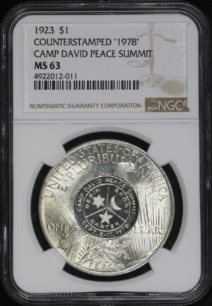 Obverse of this 1923 Counterstamped “1978 Camp David Peace Summit” Peace Dollar NGC MS-63