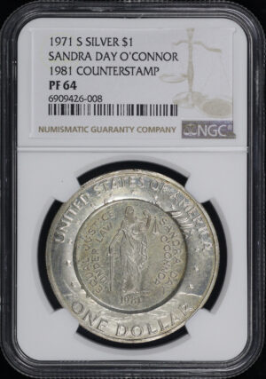 Obverse of this 1971-S Eisenhower Silver Ike Dollar with 1981 Sandra Day O’connor Counterstamp NGC PF-64