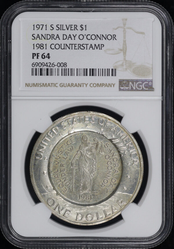 Obverse of this 1971-S Eisenhower Silver Ike Dollar with 1981 Sandra Day O’connor Counterstamp NGC PF-64