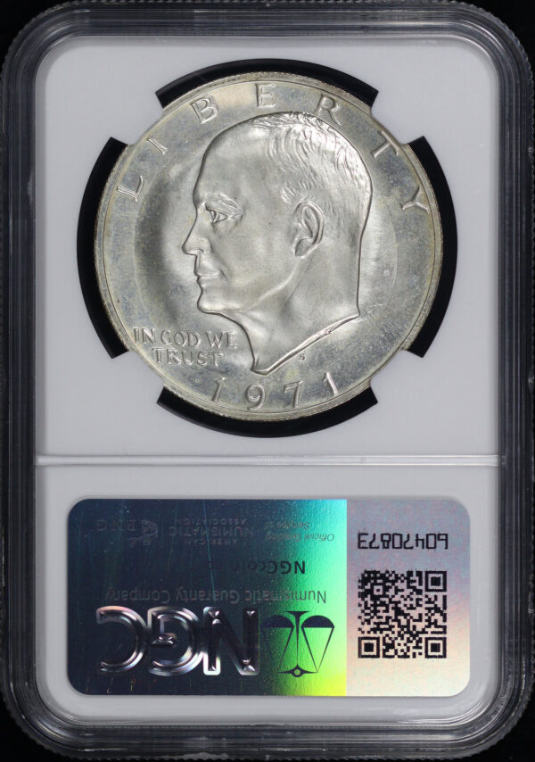Reverse of this 1971-S Eisenhower Silver Ike Dollar with 1981 Sandra Day O’connor Counterstamp NGC PF-64