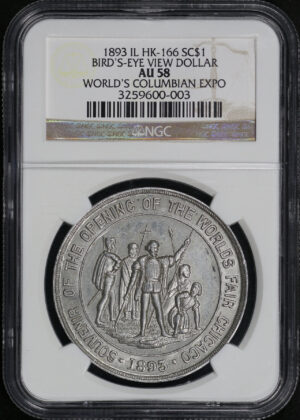 Obverse of this 1893 IL HK-166 Bird’s-Eye View World’s Columbian Exposition So-Called Dollar NGC AU-58