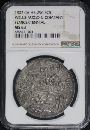 Obverse of this 1902 Ca Hk-296  SC$1 Wells Fargo & Company Semicentennial NGC MS-63