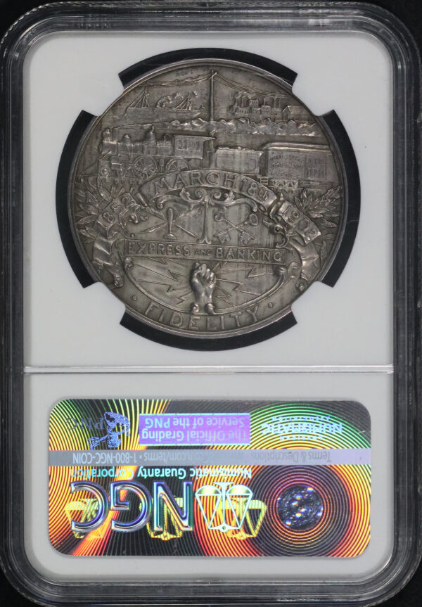 Reverse of this 1902 Ca Hk-296  SC$1 Wells Fargo & Company Semicentennial NGC MS-63
