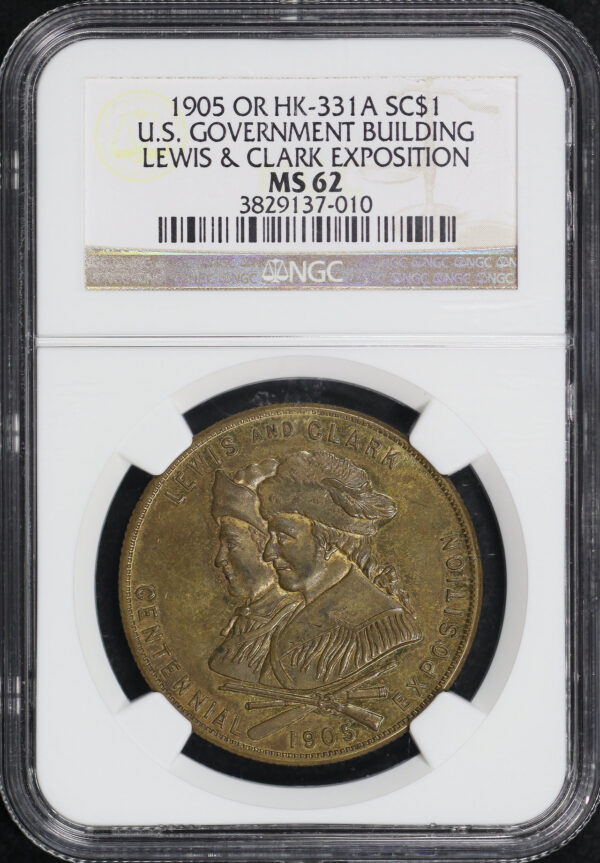 Obverse of this 1905 OR HK-331a U.S. Government Building Lewis & Clark Exposition So-Called Dollar NGC MS-62