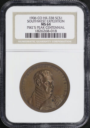 Obverse of this 1906 CO HK-338 Pike’s Peak Centennial Southwest Expedition So-Called Dollar NGC MS-64