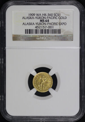 Obverse of this 1909 WA HK-360 Alaska-Yukon Pacific Exposition Gold 1DWT So-Called Dollar NGC MS-64 