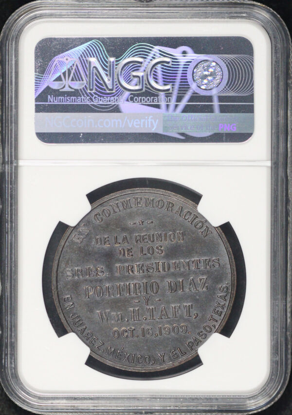Reverse of this 1909 TX-MEX HK-388 Spanish Reverse Presidents Taft & Diaz So-Called Dollar NGC MS-64 BN Jeff Shelvin Collection
